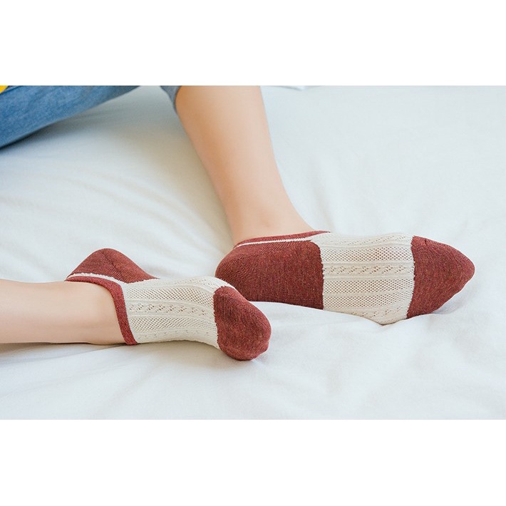 Vớ cotton lưới WAFNHA D754 cổ thấp phối màu cho nữ