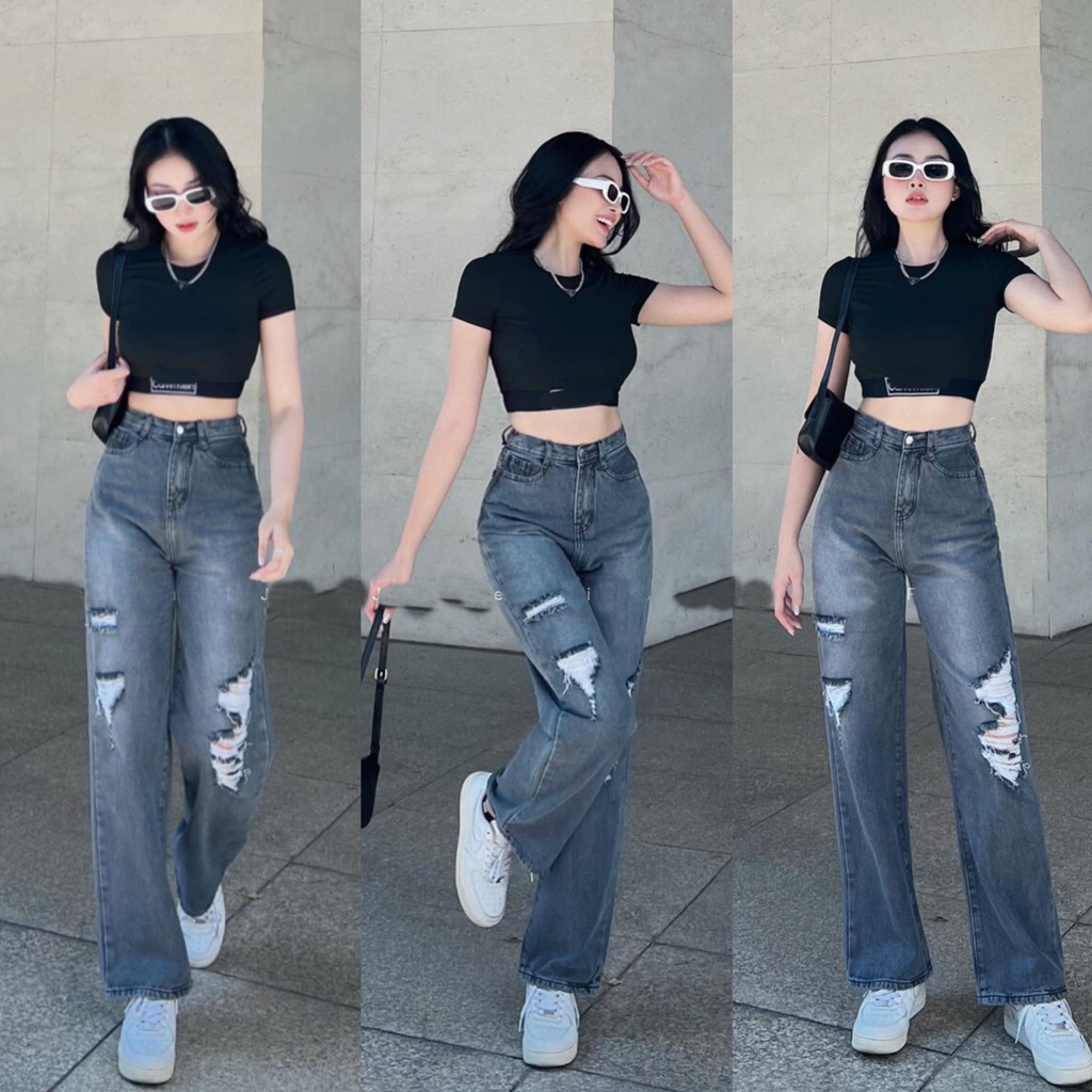 [ RẠNG ĐÔNG ] QUẦN JEANS ỐNG RỘNG NỮ LƯNG CAO RÁCH MẢNG NÚI 2 ĐÙI MÀU XÁM LAI CUỐN MỀM MỊN SIÊU PHONG CÁCH HOT HIT NITI