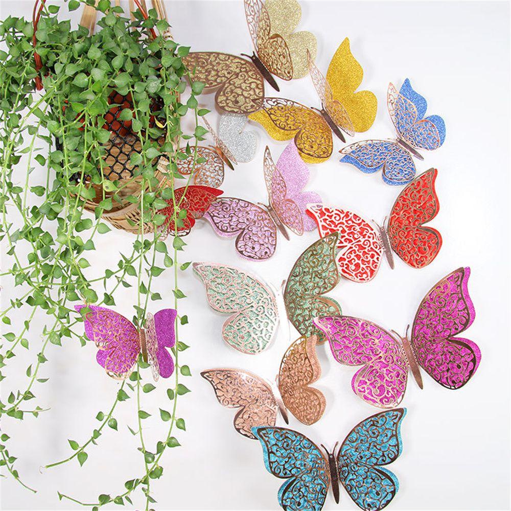 Set 12 Miếng Dán Tường Hình Bướm 3D Hai Lớp Bằng Kim Loại