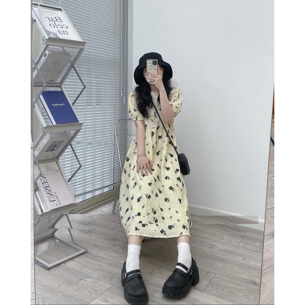 Váy Be Hoa Đen Phối Tay Chun PEONYB Nữ [FREESHIP] 🌸 Đầm đi biển dáng suông dài bánh bèo tiểu thư hàn quốc Ulzzang 🌸 | BigBuy360 - bigbuy360.vn