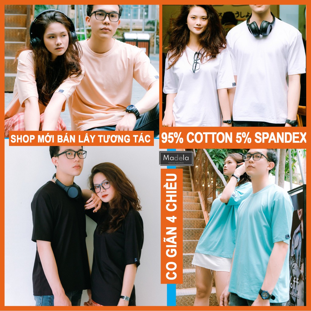 Áo thun trơn nam nữ unisex tay lỡ MADELA Cottton xịn xò, Áo phông unisex tay lỡ nam nữ cổ tròn