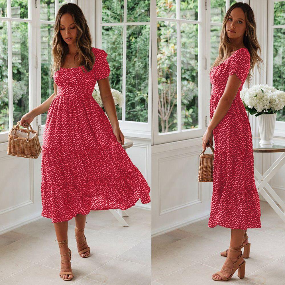 Đầm Midi Tay Ngắn Họa Tiết Chấm Bi Phong Cách Boho Thời Trang Mùa Hè Cho Nữ