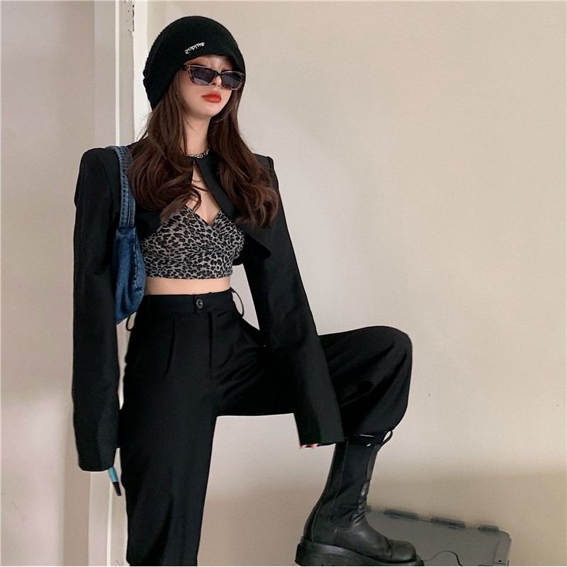 [HOT TREND] Set suit Hàn Quốc Ulzzang áo Blazer lửng phối áo Croptop da báo quần ống suông soái tỉ cool ngầu sang chảnh