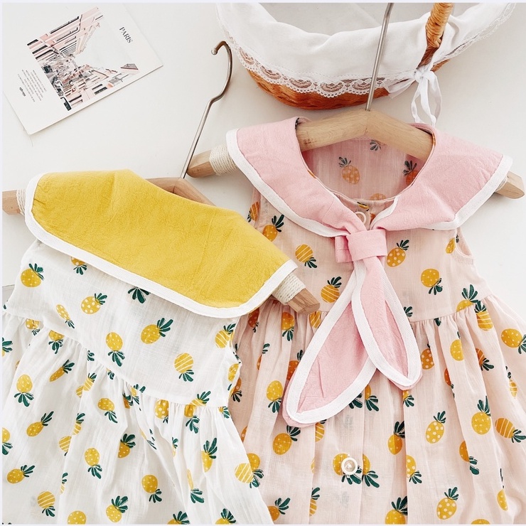 [Hàng Mới Về] Váy Họa Tiết Quả Dứa Mặc Hè Cổ Thắt Nơ Cho Bé Gái Sơ Sinh MINTSCLOSET Size Từ 1 - 5 Tuổi - GV0044
