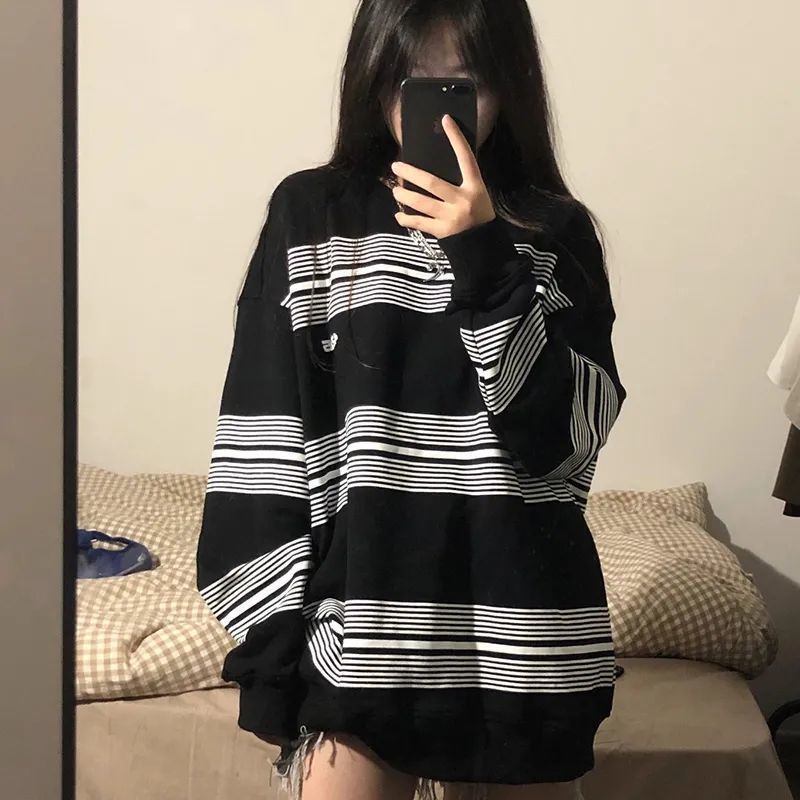 Áo Hoodie Tay Dài Cổ Tròn Form Rộng Họa Tiết Kẻ Sọc Phong Cách Hip Hop Mới Cho Cặp Đôi