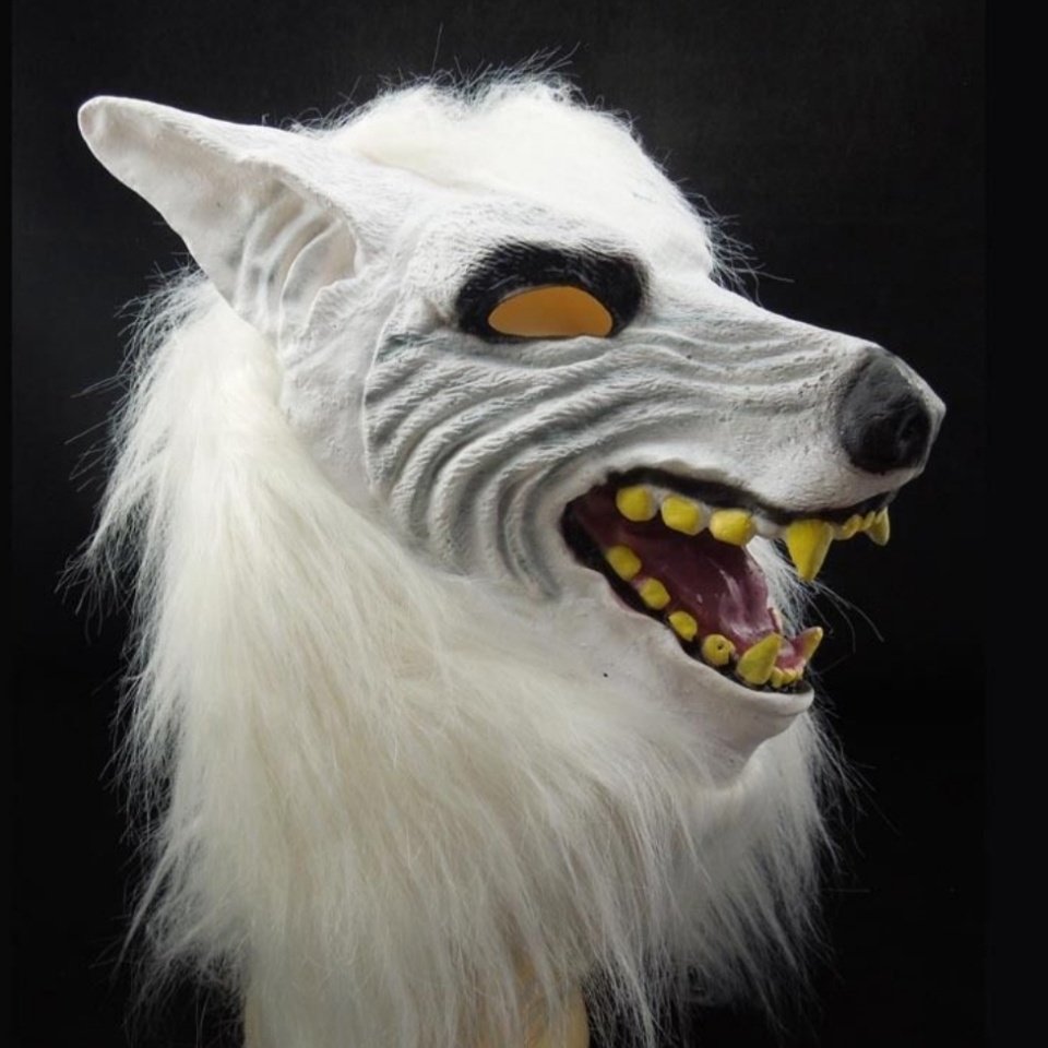 Mặt Nạ Hóa Trang Halloween Hình Đầu Sói Trắng Toàn Diện Có Khóa Dán