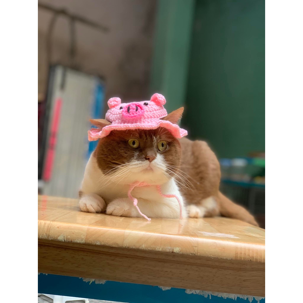 Mũ/nón móc len cosplay heo hồng dễ thương cho chó mèo