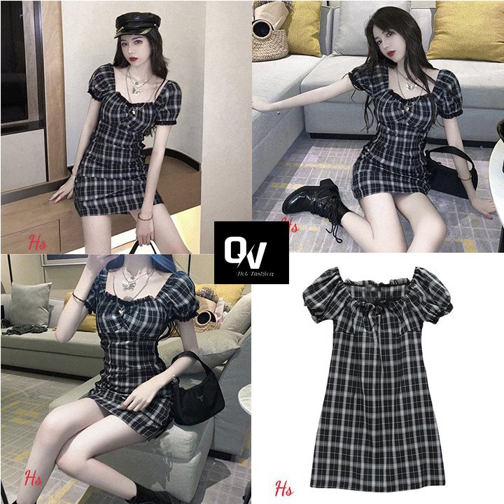 Váy kẻ caro đen viền bèo ngực tay - HÀNG XỊN - SHOP QV