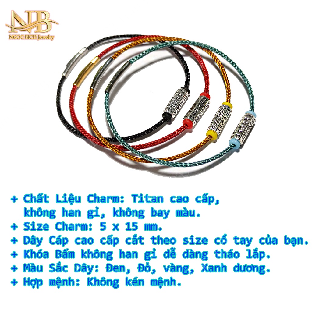 Vòng tay may mắn charm ống trụ khắc chú bình an mix dây cáp bền đẹp