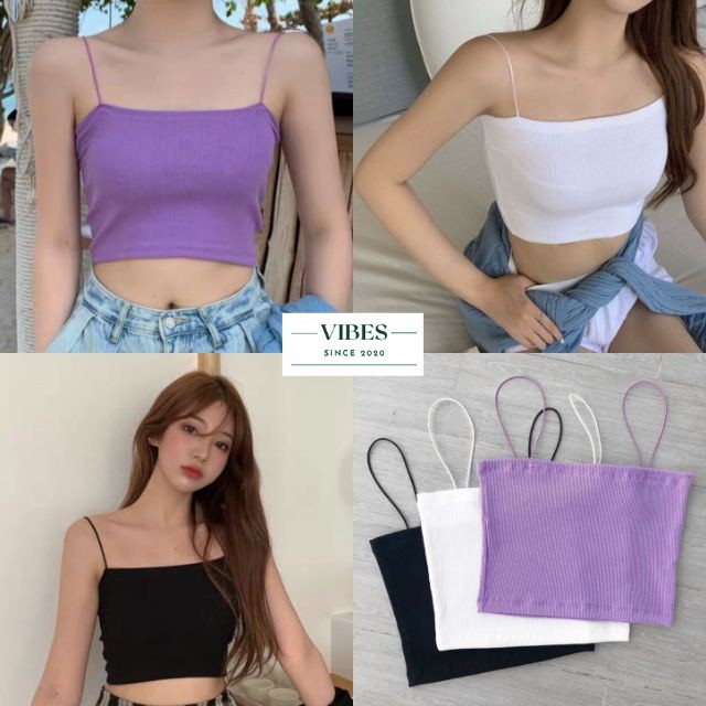 Áo hai dây croptop chất thun gân dáng ôm co giãn