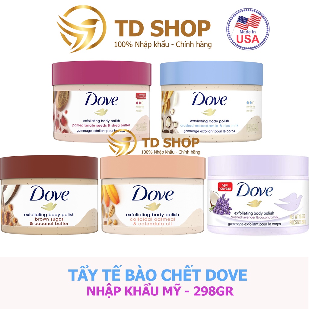 Kem Tẩy tế bào chết Dove Lựu bơ I Hạt macca & sữa gạo I Bơ dừa & Đường nâu I Hoa lavender & Sữa dừa 298g - TD Shop | BigBuy360 - bigbuy360.vn