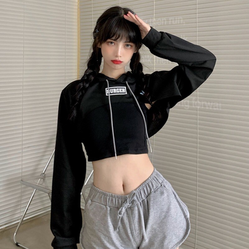 SET 2 MÓN ÁO HOODIE CROPTOP BURGER Cut out Xanh neon Xám Đen + Áo Tanktop Đen ULZZANG