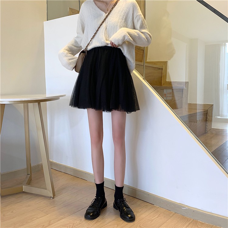 Xiaozhainv Chân Váy Chữ A Lưng Cao Màu Trơn Phối Lưới Phong Cách | BigBuy360 - bigbuy360.vn