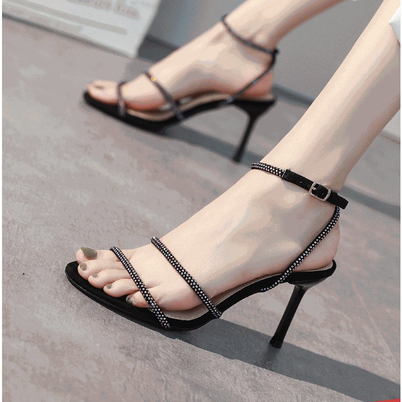 Giày Cao Gót Hở Ngón Mũi Nhọn Đính Đá Thời Trang Quyến Rũ Cho Nữ