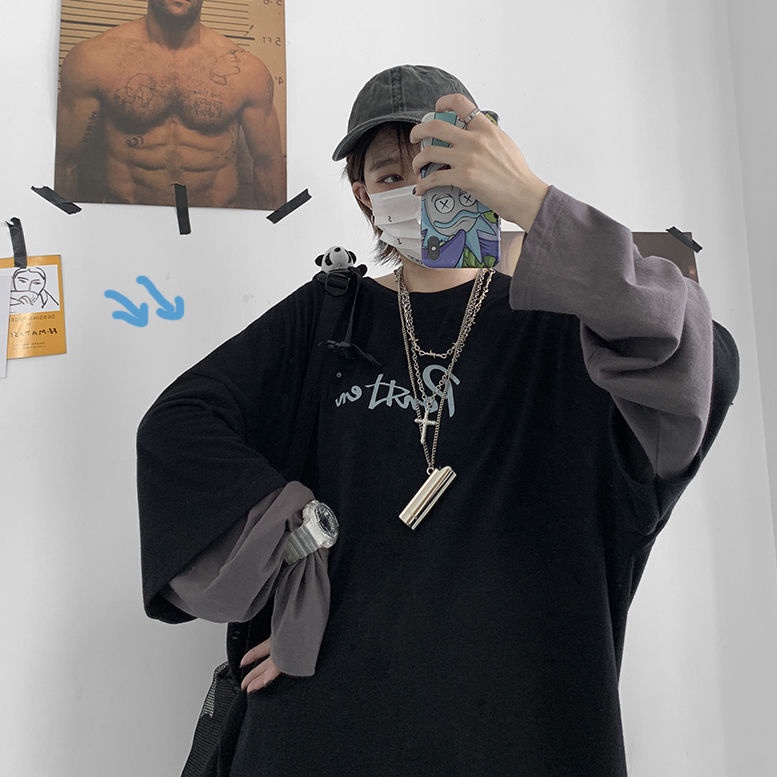 Áo Thun Tay Dài Giả Hai Lớp Phong Cách Hip Hop Hàn Quốc Cho Nam