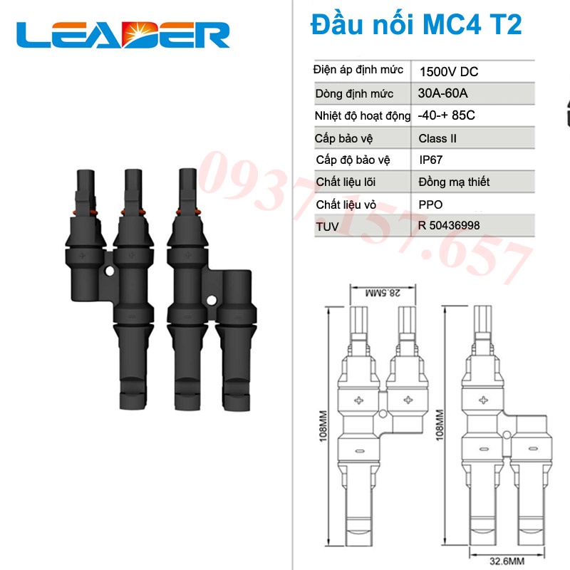 Jack MC4 1500V T2 T3 T4 T6, MC4 đấu song song T2 T3 T4 T6 hãng Leader