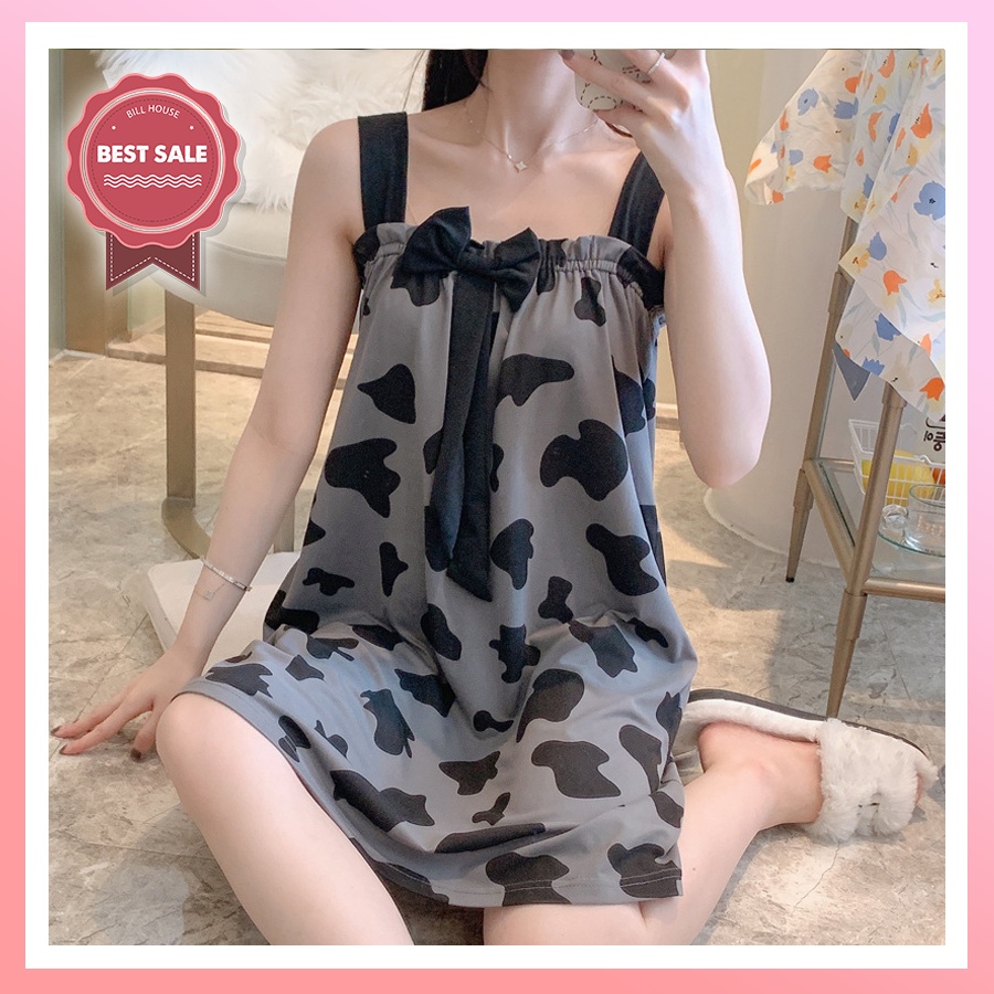 Váy ngủ nữ hai dây dễ thương bigsize qua gối phối nơ cực xinh chất cotton thun sữa mềm mịn VN03