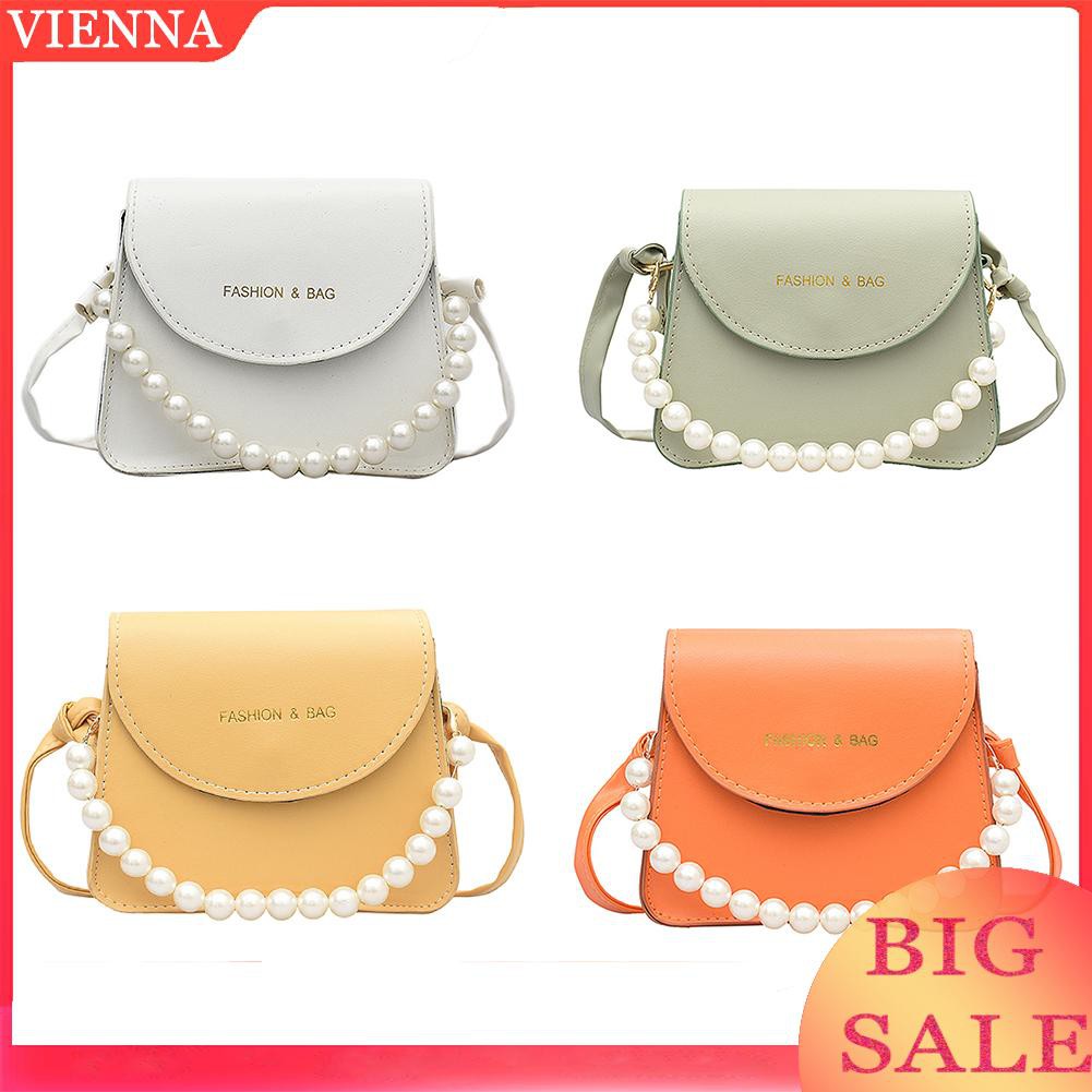 Fashion Women PU Crossbody Bag Casual Ladies Pearl Chain Pure Color Handbag