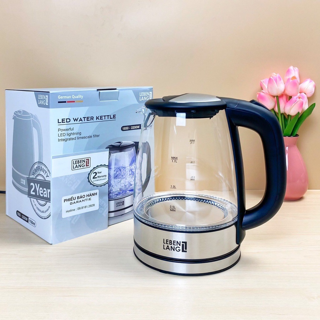Ấm siêu tốc thuỷ tinh Lebenlang Đức 1.7L LBL2879