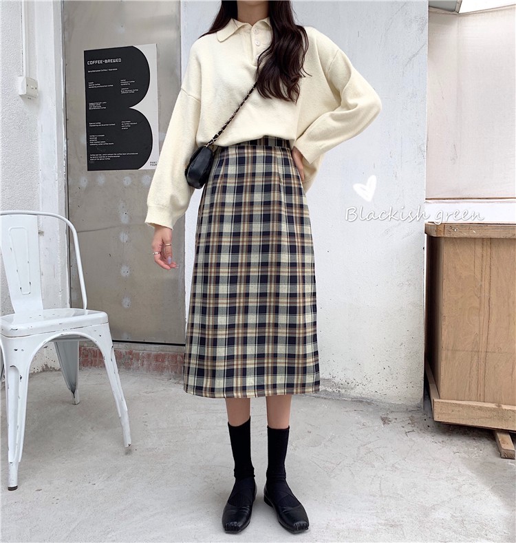 Long skirt / skirt / plaid skirt women / Korean style high waist mid-length retro Hong Kong flavor a-line skirt / A-line skirt / | BigBuy360 - bigbuy360.vn