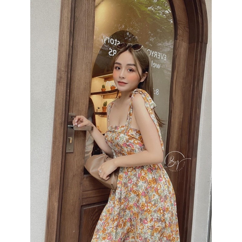 Đầm maxi hoa nhí hai dây thắt nơ vai tiểu thư có cup đệm ngực siêu xinh, Váy kiểu nữ đi biển dáng dài hàng đẹp | BigBuy360 - bigbuy360.vn