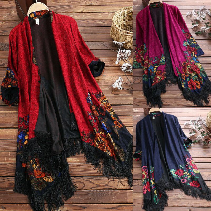 Áo Khoác Kimono Tay Dài Hoạ Tiết Hoa Thiết Kế Mới Cho Phái Nữ