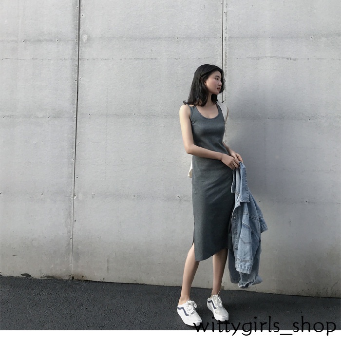 Wittygirls-đầm Dài Hai Dây Xẻ Tà Bên Ngoài Cửa Hàng_Mid Thời Trang Mùa Hè Cho Nữ