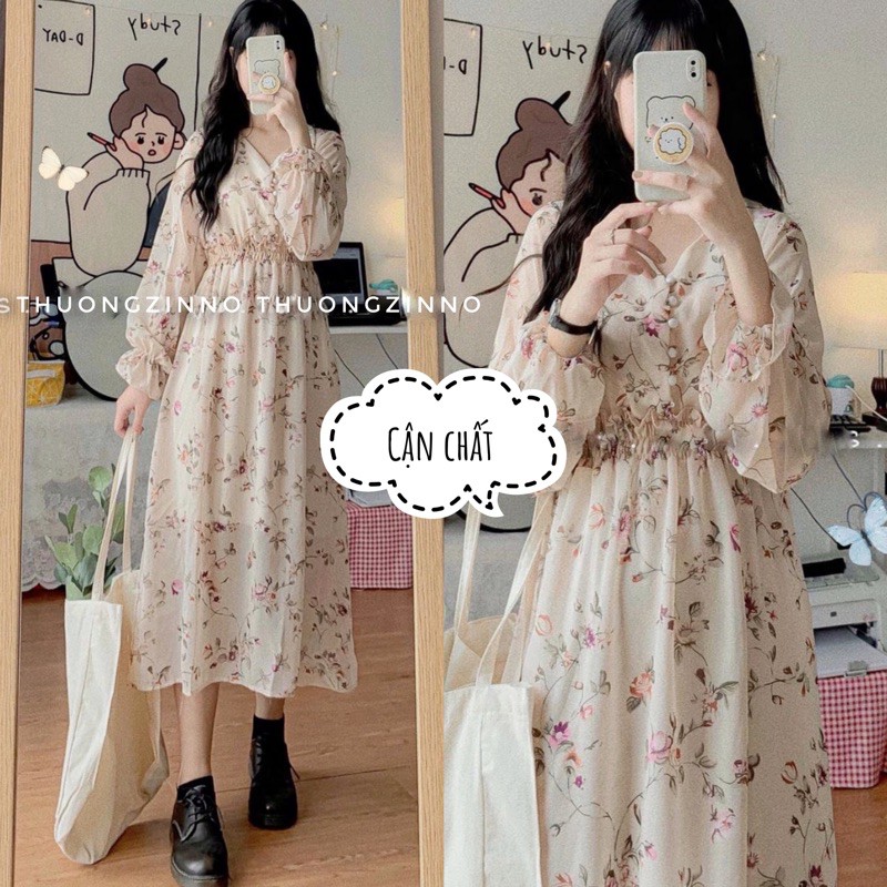 Váy Hoa ulzzang dáng dài cúc bọc voan tơ Quảng Châu Đầm hoa nhí vintage dáng dài