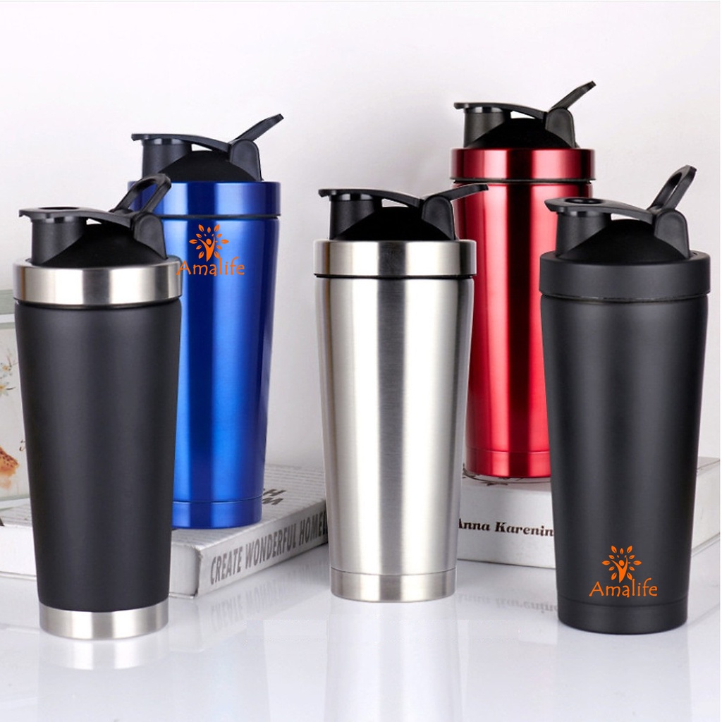 [Màu Bạc] Bình Lắc Shaker Đựng Nước Inox 800ml – Màu Bạc – Tập Gym Thể Thao Chính Hãng Amalife – Kèm Bóng Lò Xo Lắc