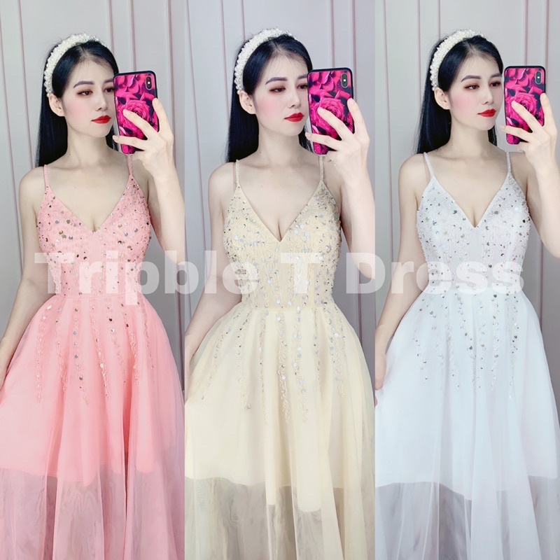Đầm maxi xòe 2 dây kết đá pha lê ngực cao cao cấp TRIPBLE T DRESS - SIZE M/L - MS83V