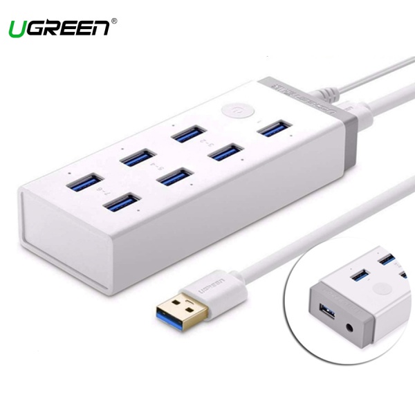 Bộ chia USB 7 cổng  3.0 UGREEN 20296 nguồn 12V/2A kèm sạc Mac, máy tính bảng, điện thoại- Hàng chính hãng