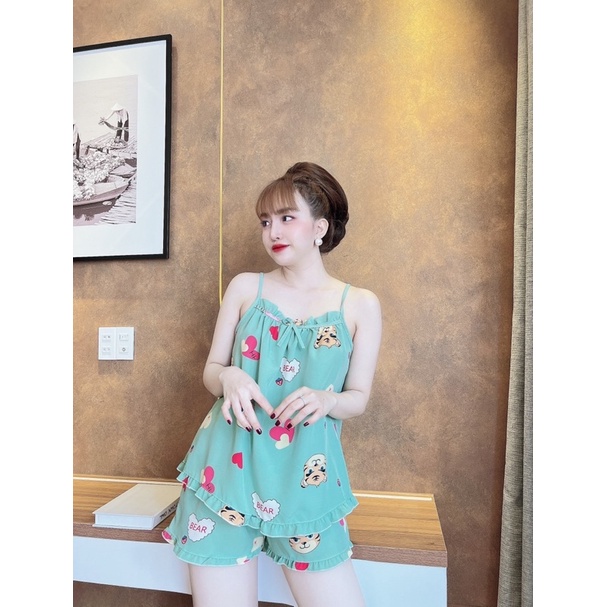 Bộ lụa viền bèo thypham-shop mặc nhà mát, đồ ngủ 2 dây dễ thương