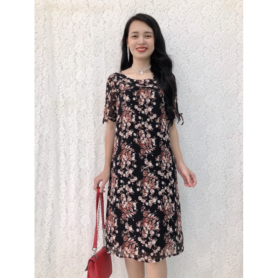 Đầm suông hoa S&amp;M xếp ly ngực tay cột nơ siêu sang chảnh GR124