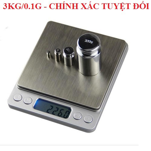 Cân điện tử Cân tiểu li điện tử trang sức, nhà bếp độ chính xác cao 0.1g - 3000g + Tặng 2 PIN