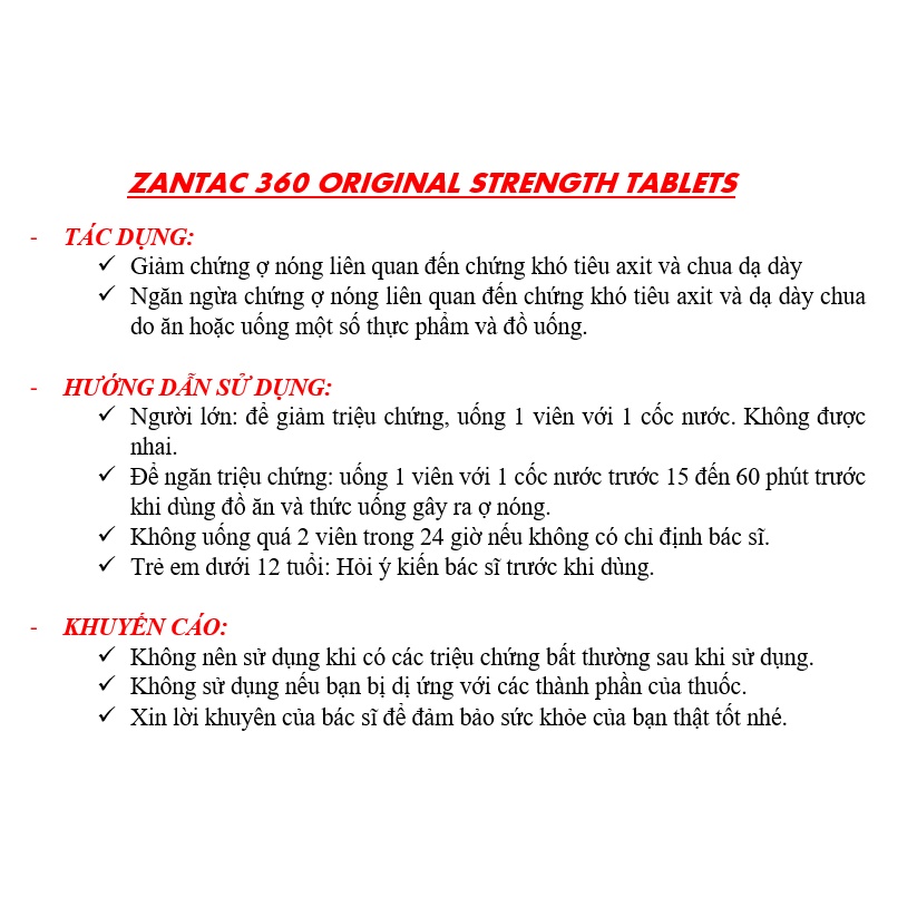 [DATE 11/2022] ZANTẮC 360 ORIGINAL STRENGTH 10MG 30 TABLETS (30 VIÊN)