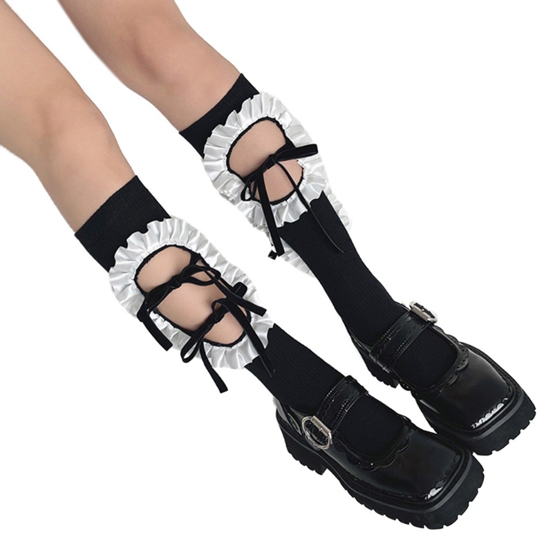 Xiangbao Vớ Dài Tới Bắp Chân Có Gân Khoét Rỗng Phối Nơ Phong Cách Harajuku Lolita Nhật Bản Cho Nữ Sinh