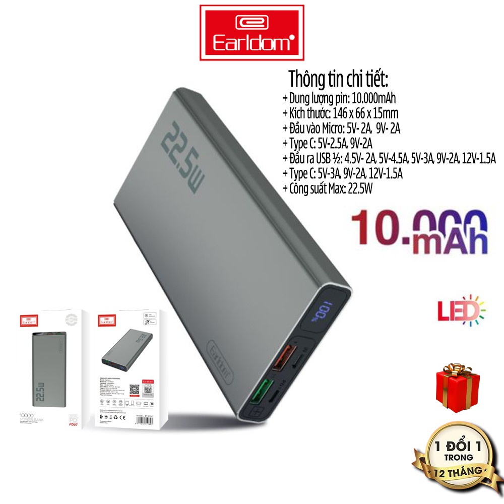 Sạc Dự Phòng 10000 mAH Earldom PD-07 sạc nhanh công nghệ pin ion nhỏ gọn