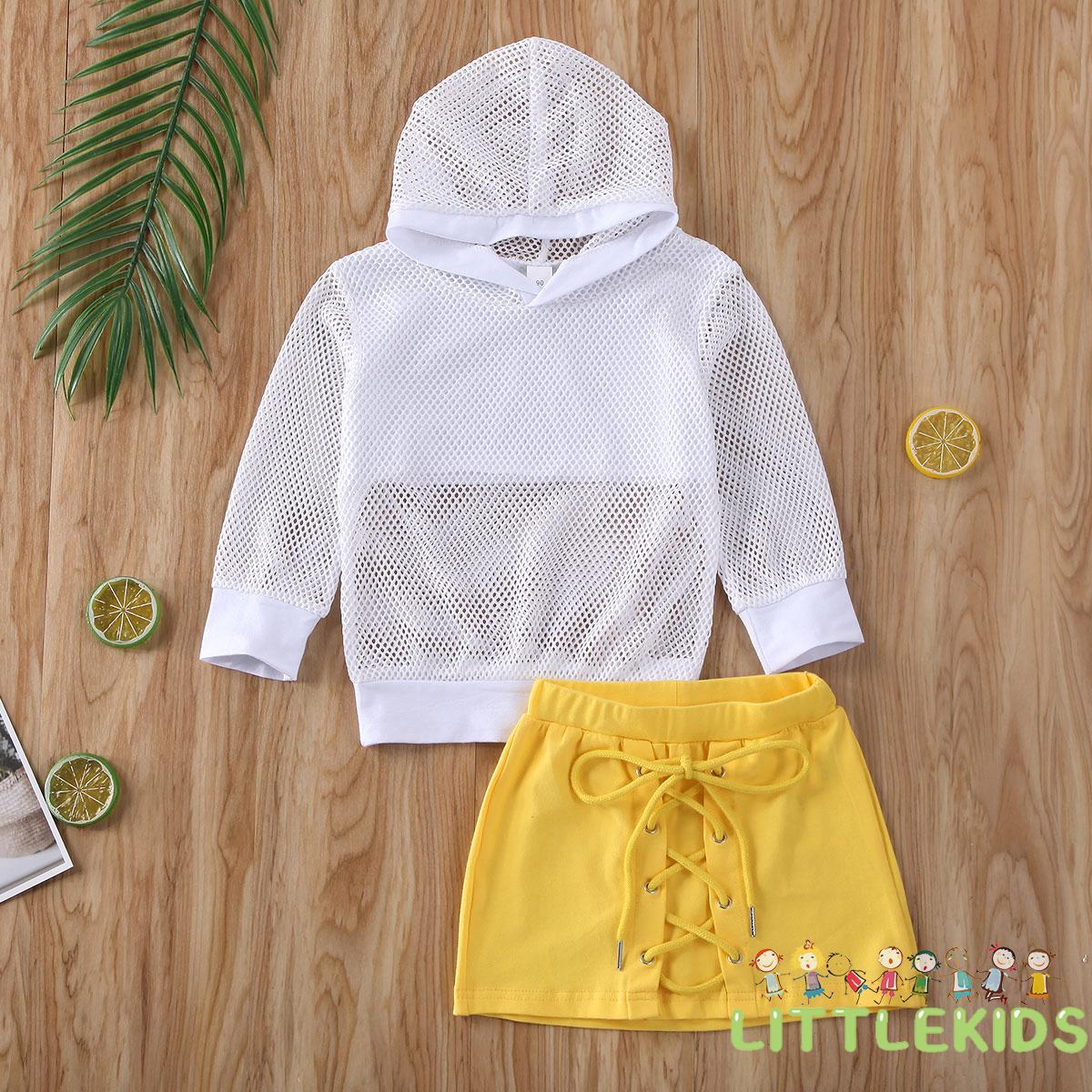 Set Áo Hoodie Tay Dài Phối Lưới + Chân Váy Đáng Yêu Cho Bé Gái 1-6 Tuổi