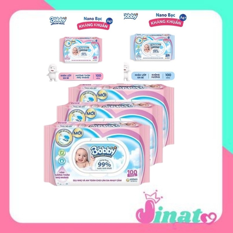 Khăn ướt Khăn giấy ướt bobby đa năng 100 tờ hai màu xanh hồng giao ngẫu nhiên