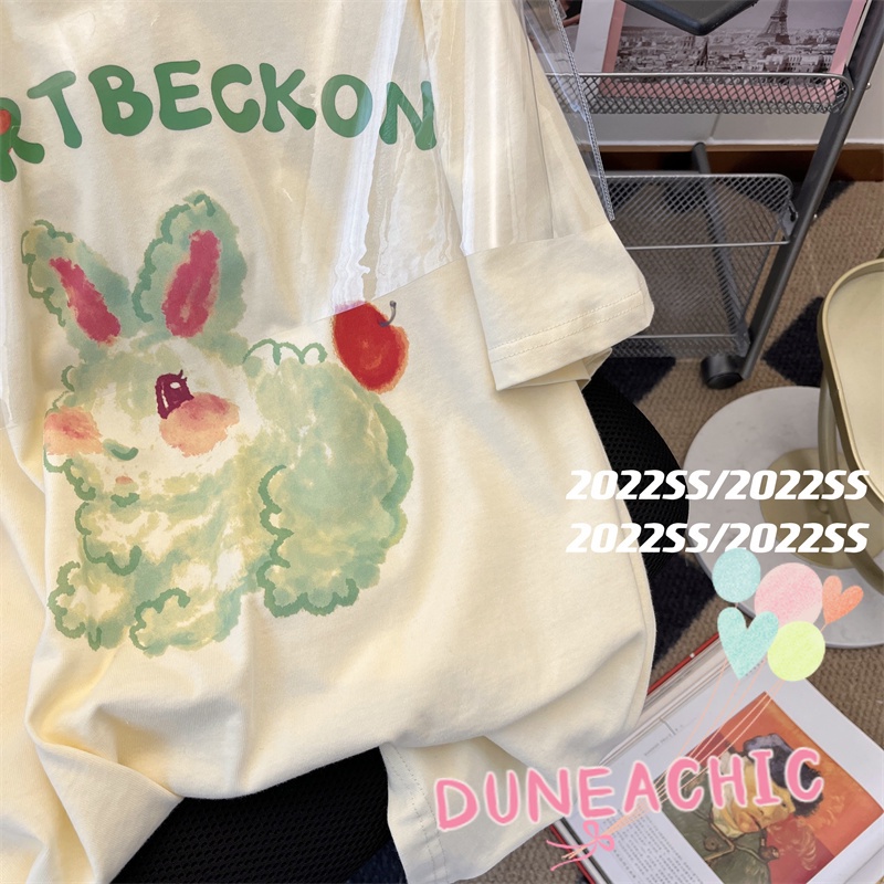 DUNEA Áo Thun Tay Ngắn Cổ Tròn Dáng Rộng In Chữ Và Hoạt Hình Xinh Xắn Cho Nữ