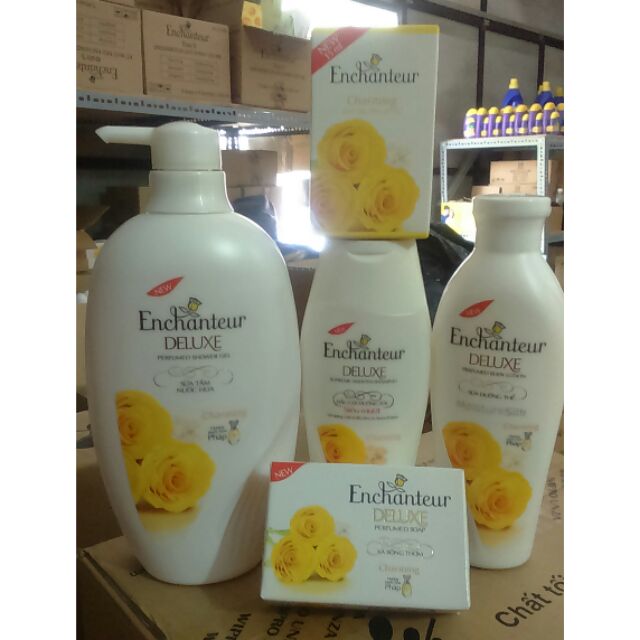 COMBO trọn bộ Enchanteur: Enchanteur tắm 650g+ gội 180g+ Dưỡng thể 180g+ NH  15ml+ Xà bông cục.