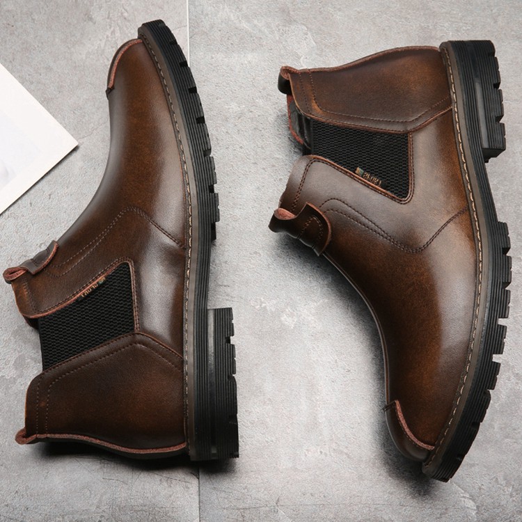 Giày da bò nam đế cao không dây, giày da bò thật cổ lửng dòng chelsea boot đế cao su đúc chống trơn tăng chiều cao