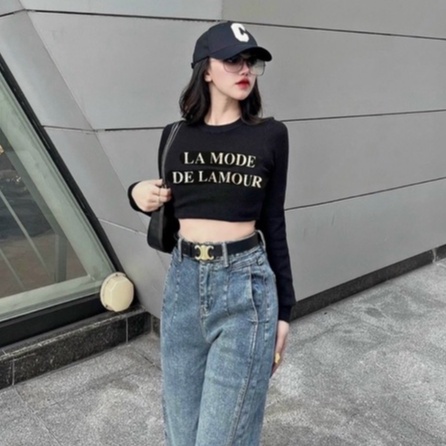 Áo thun dài tay dáng ôm croptop, Áo kiểu in chữ dáng ngắn sexxy AT6819 - NhiNhi Shop