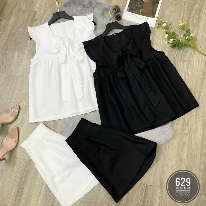 [Shop bigsize nữ 50kg-90kg] Set áo cổ bèo cột nơ siêu dễ thương với tone đen, trắng dễ mặc