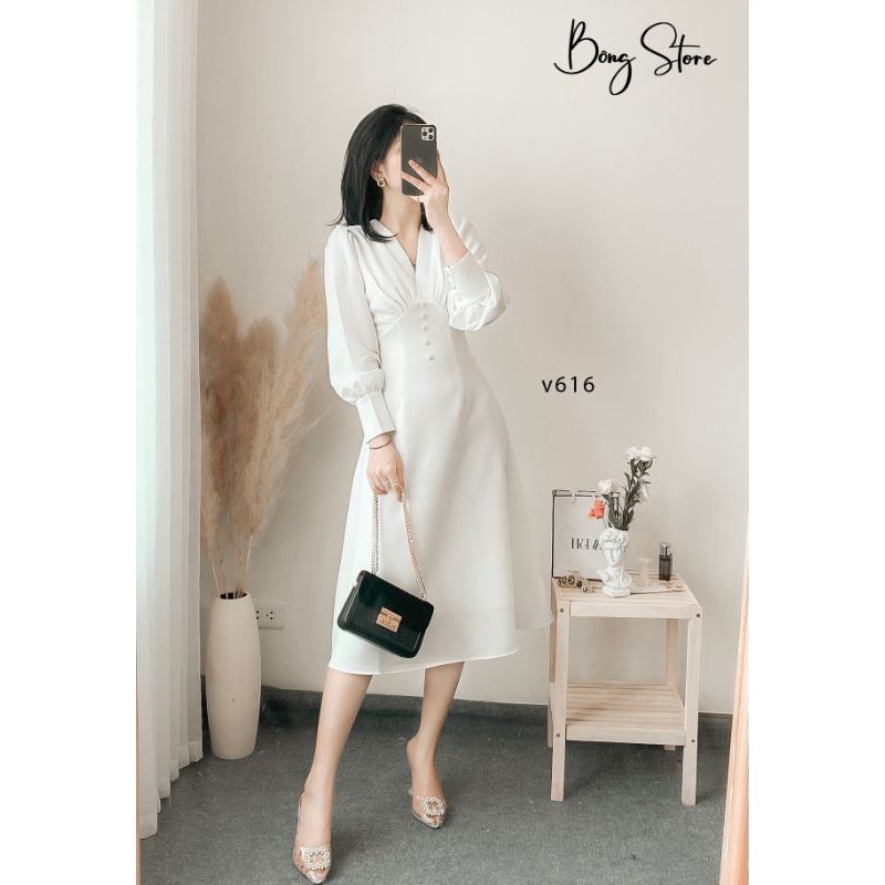 Đầm Nữ Trắng Nút Bọc Cổ V Sang Trọng - Chất Vải Đẹp, Thoáng Mát