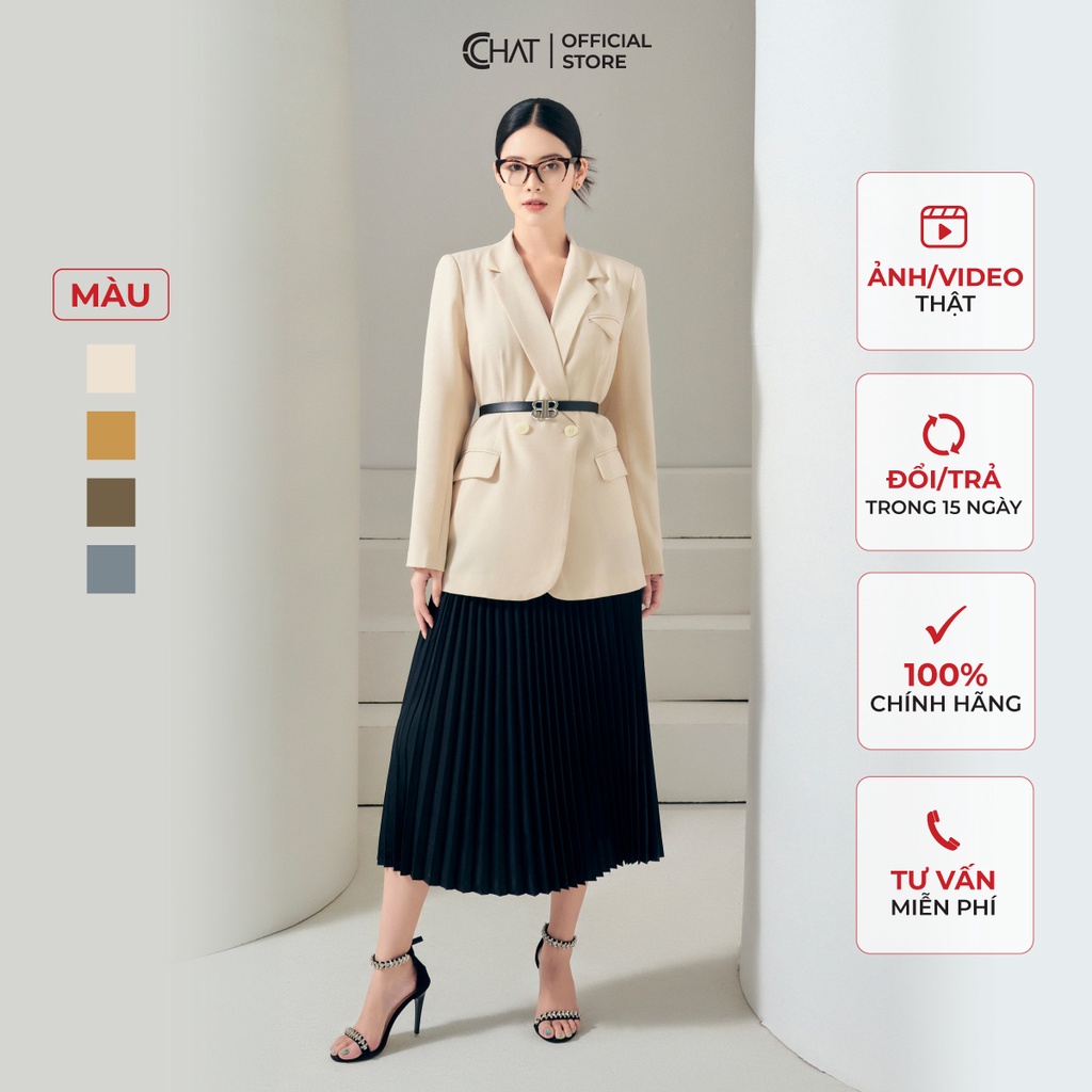 Áo Blazer Nữ 𝐂𝐂𝐇𝐀𝐓 Túi Cơi A Tam Giác Dáng Suông Chất Tuytsi Cao Cấp 92EMS2001ST