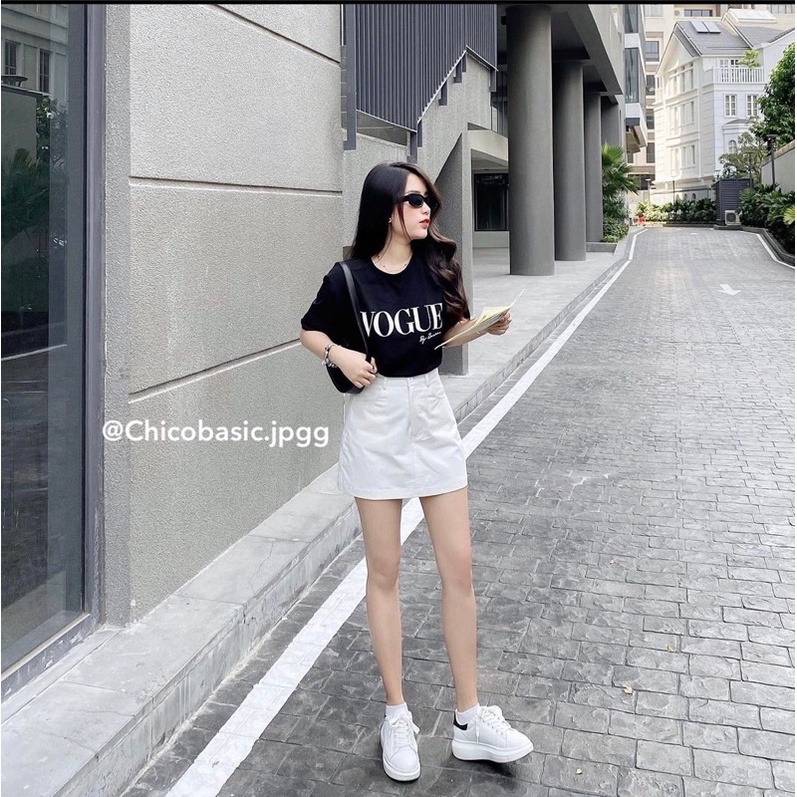 Set áo phông in chữ vougue kèm chân váy kaki trắng chữ A trẻ trung năng động tôn dáng