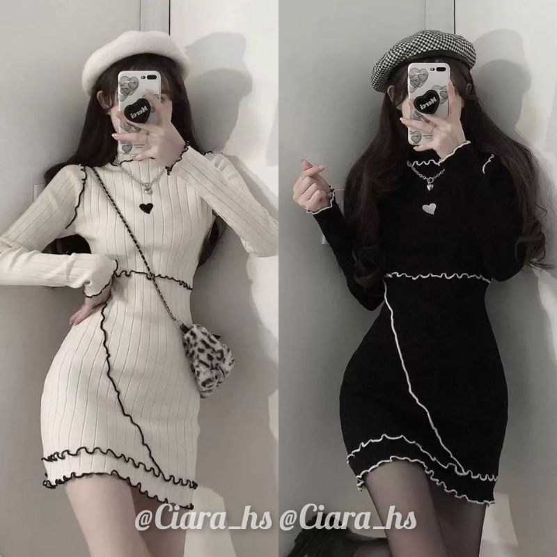 (K6) Váy đầm len ôm dáng thêu tim Hàn Quốc màu kem đen
