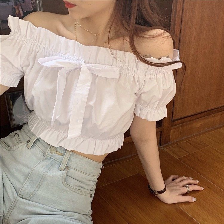 Women's top summer 2021 new French bubble sleeve white shirt women's design sense minority short bow shoulder top