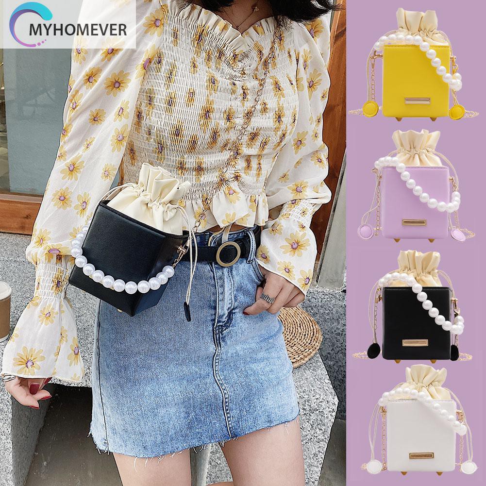 Túi Xách Dây Rút Da Pu Đính Hạt Ngọc Trai Cho Nữ